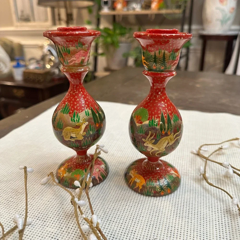Hand‎ Painted Paper Mache Candleholders 2 Piece Vintage Deers